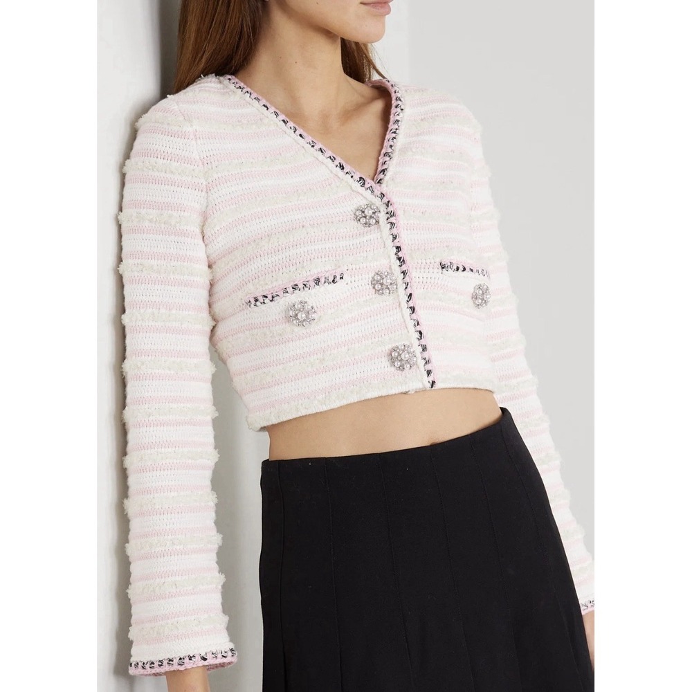Self Portrait Embellished Cotton Pink Tweed Cropped Cardigan Sweater Small